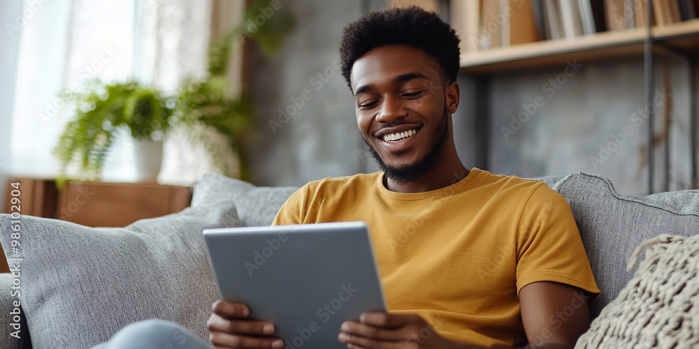 Relaxed smiling african american man holding digital tablet computer using apps sitting on couch at home. Black guy remote learning, social distance working, ordering buying online or reading e book. Relaxed smiling african american man holding digital tablet computer using apps sitting on couch at home. Black guy remote learning, social distance working, ordering buying online or reading e book.