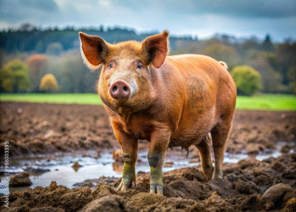 Rustic image of a rare breed Tamworth pig standing in a muddy field Rustic image of a rare breed Tamworth pig standing in a muddy field
