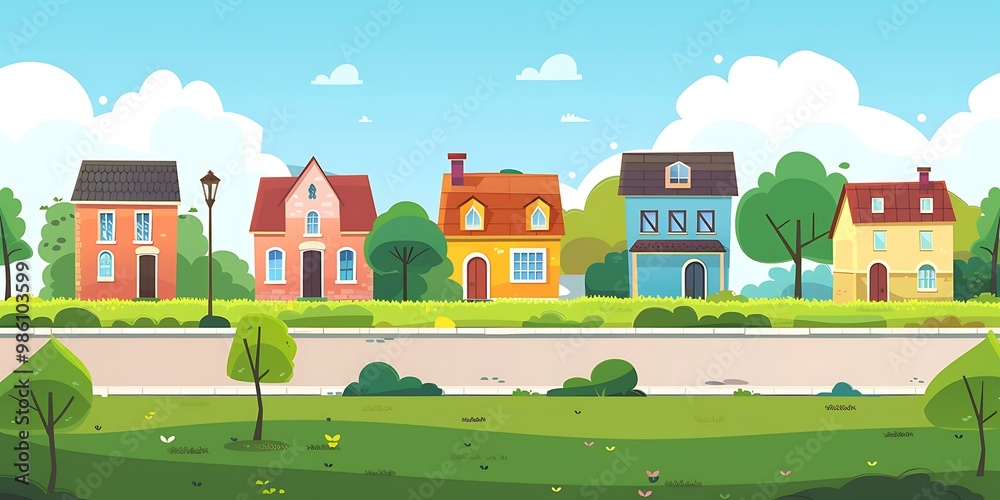 Naklejka premium Cute Cartoon Illustration Of Colorful Houses On A Green Lawn