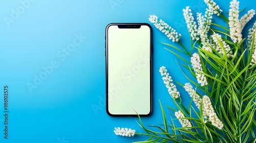 Flat Lay with Flowers and Smartphone on Blue Background