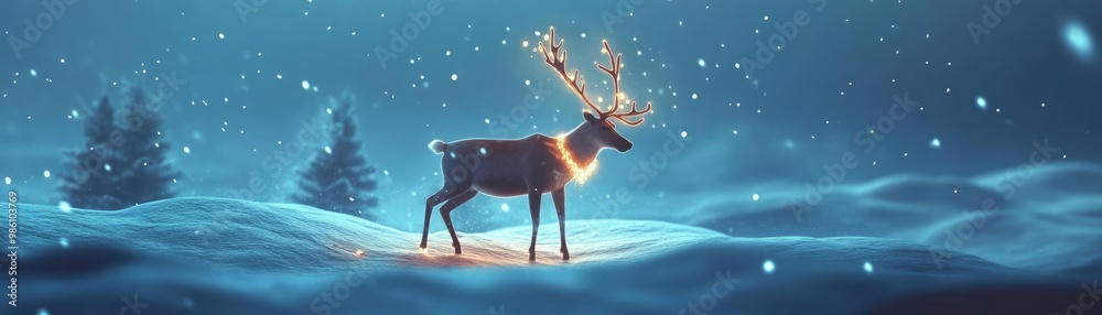 A majestic reindeer stands in a snowy landscape, illuminated by soft lights, embodying the spirit of winter and festive cheer. A majestic reindeer stands in a snowy landscape, illuminated by soft lights, embodying the spirit of winter and festive cheer.
