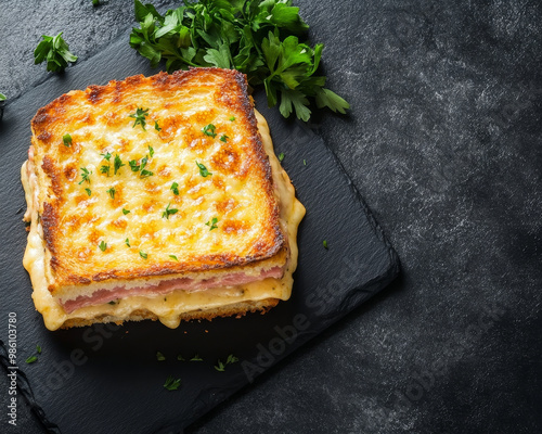 Delicious French croque monsieur on black slate, garnished with fresh parsley, showcasing golden, cheesy crust and layers of ham and cheese. Perfect for savory meal!