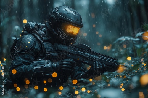 stealth commando in advanced exoskeleton suit night vision engaged navigating through bioluminescent alien jungle