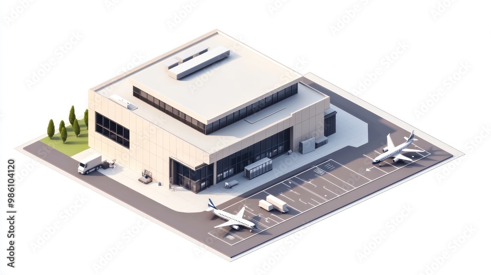 Isometric 3D Rendering of a Beige Building with Airplanes and Vehicles. Isometric 3D Rendering of a Beige Building with Airplanes and Vehicles.