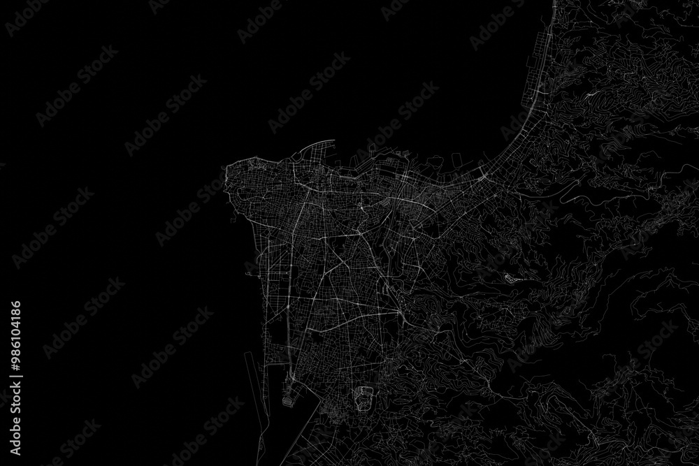 Fototapeta premium Stylized map of the streets of Beirut (Lebanon) made with white lines on black background. Top view. 3d render, illustration