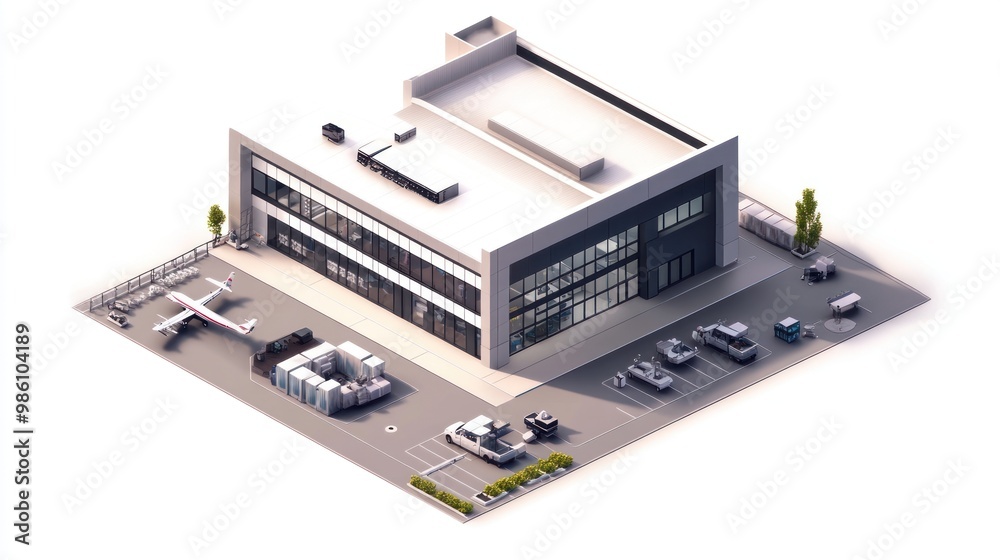 Modern office building with parking lot and an airplane in front. Modern office building with parking lot and an airplane in front.