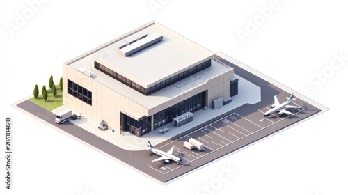 Isometric 3D Rendering of a Beige Building with Airplanes and Vehicles.