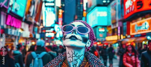 Modern La Catrina with Stylish Sunglasses in Bustling City Street - Fusion of Tradition and Modernity