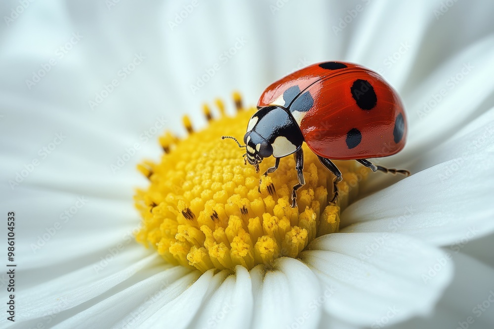 one white chamomile on white background, and a little ladybug sits on one white chamomile on white background, and a little ladybug sits on
