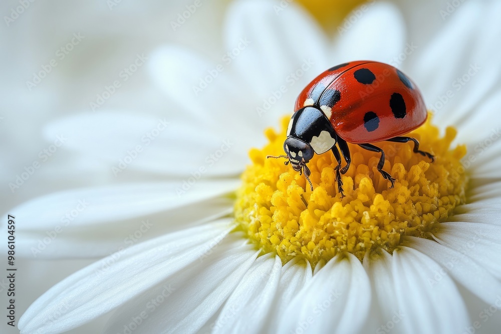 one white chamomile on white background, and a little ladybug sits on one white chamomile on white background, and a little ladybug sits on