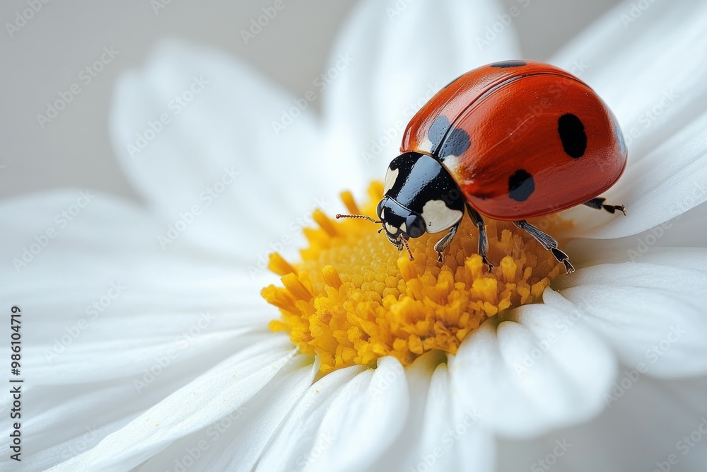 one white chamomile on white background, and a little ladybug sits on one white chamomile on white background, and a little ladybug sits on