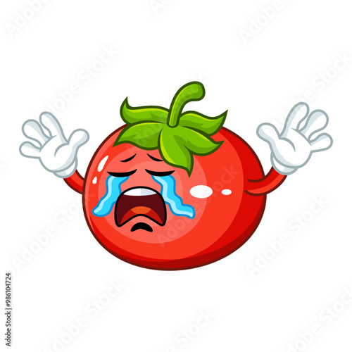 Sad tomato cartoon character crying with tears running down its face.