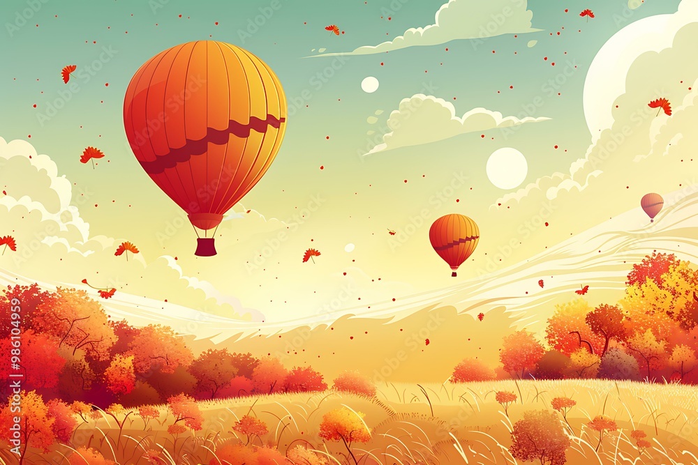 Naklejka premium Autumn Landscape with Hot Air Balloons