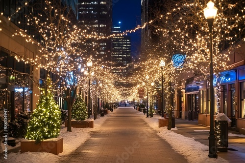 Night City Street Decorated with Christmas Lights