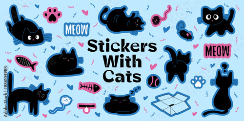 Stickers with cute cats. Collection of various colorful patches, labels, tags. Trendy promo labels, vector set	