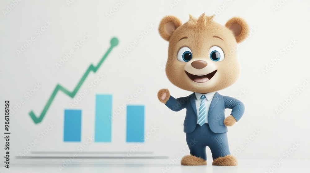 Cheerful Business Mascot Presenting Profitable Growth Graph on White Background Cheerful Business Mascot Presenting Profitable Growth Graph on White Background
