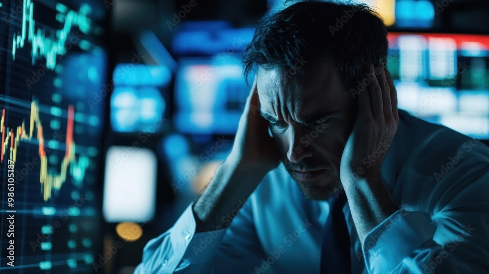 A stressed businessman reacts to market fluctuations in a dark trading environment. A stressed businessman reacts to market fluctuations in a dark trading environment.