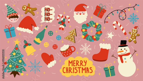 Collection of Christmas stickers with different seasonal elements. Vector set