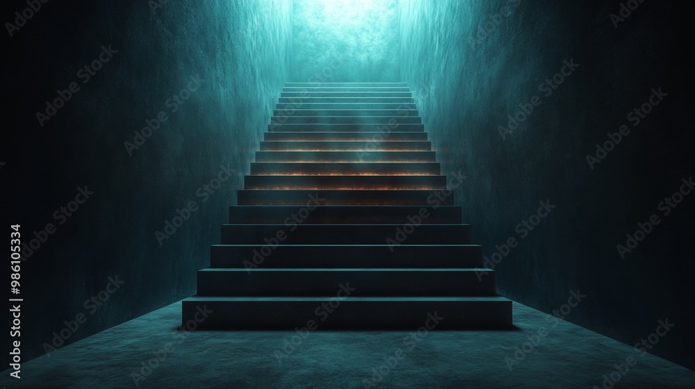 A staircase is shown in a dark room with a blue light shining on it A staircase is shown in a dark room with a blue light shining on it