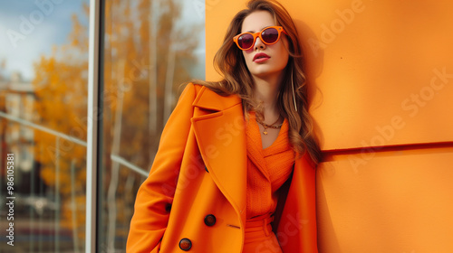 Autumn fashion statement: young woman in bright orange coat with sunglasses.