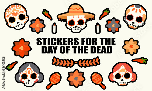 Sticker for day of the dead. Mexican skeletons hand-drawn. Vector set