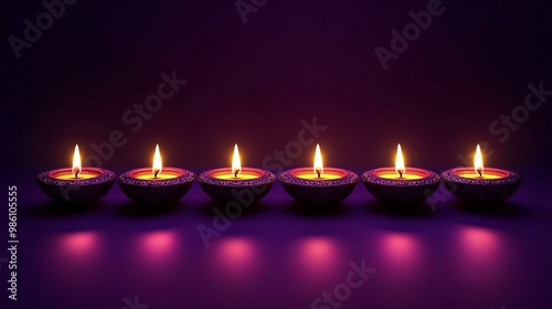 Five lit Diwali diyas on dark purple background, creating serene festive atmosphere