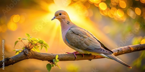 Softly illuminated, a serene morning dove rests on a gently swaying branch, its feathers glowing with a warm, ethereal light in the morning's golden hue. photo