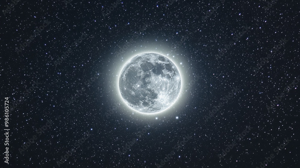 Obraz premium A full moon surrounded by a faint halo of light, set against a backdrop of millions of tiny stars in a clear night sky.
