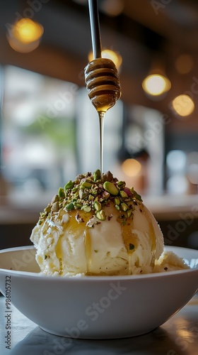 Delicious Bastani Sonnati Ice Cream with Pistachios and Honey Drizzle. photo