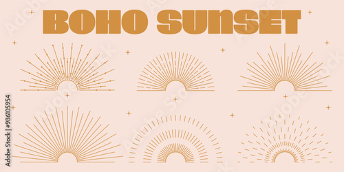 Sunset and sunburst symbol in boho style. vector set