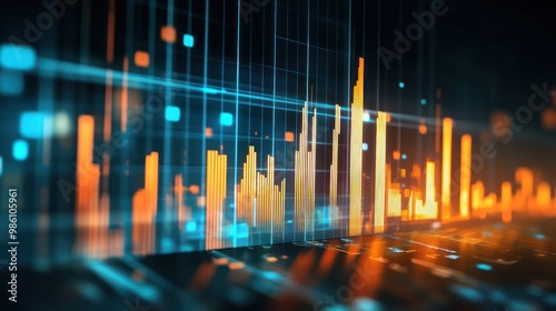 Abstract digital visualization of data trends with vibrant bars and grid lines.