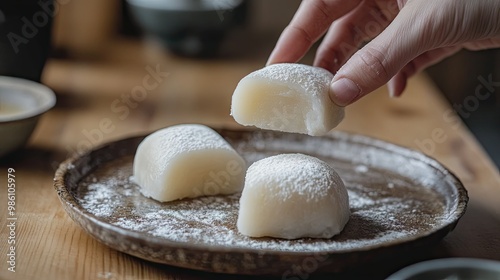 A hand picking up a piece of daifuku mochi from a platter, emphasizing its soft, chewy texture. photo