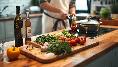 Young woman cooking in kitchen at home. Housewife preparing healthy food.