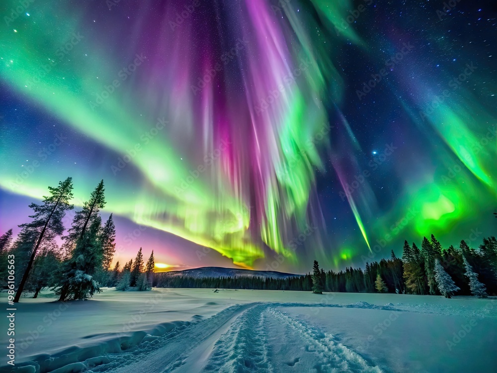 Stunning green, pink, and purple aurora borealis fills the night sky over a winter landscape. Stunning green, pink, and purple aurora borealis fills the night sky over a winter landscape.