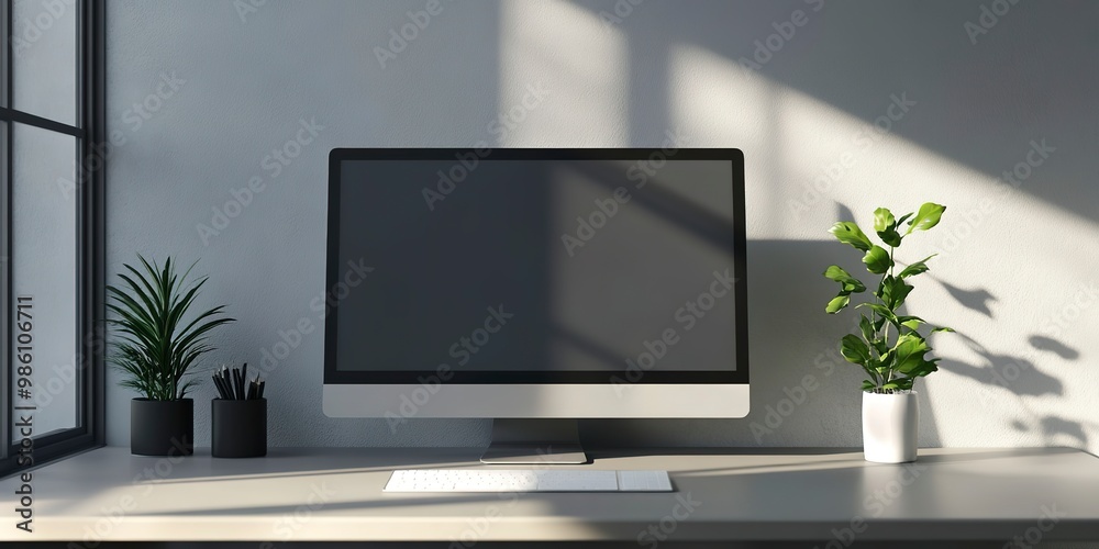 Fototapeta premium Minimalist office background computer display mockup 
