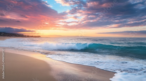 A beautiful sandy beach with a wave crashing on the shore at sunset.