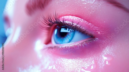 A woman's eye is shown with a blue iris and pink eyeliner