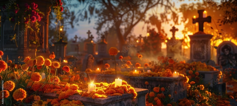 Tranquil D?a de los Muertos Cemetery Scene at Dusk with Marigolds and Flickering Candles Tranquil D?a de los Muertos Cemetery Scene at Dusk with Marigolds and Flickering Candles