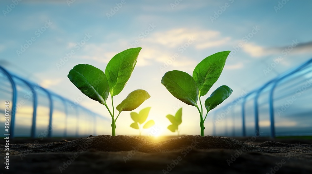 Fresh Green Sprouts Growing in Soft Soil at Sunrise Fresh Green Sprouts Growing in Soft Soil at Sunrise