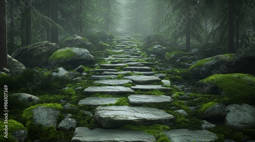 A serene stone pathway through a misty forest, surrounded by lush greenery and moss-covered rocks, inviting exploration. photo