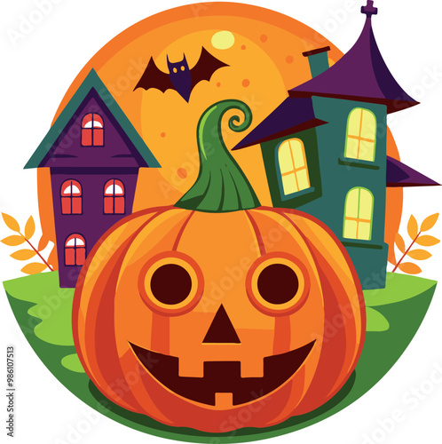 halloween pumkin with house clip art vector