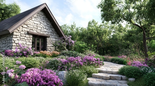 Charming stone cottage surrounded by vibrant flowers and lush greenery, offering a peaceful retreat in a beautiful garden setting.