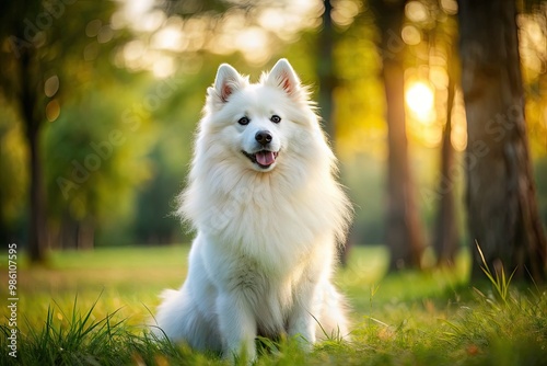 The American Eskimo dog, its fluffy white coat glistening in the sunlight, sits placidly outside, its eyes fixed on the horizon, amidst a backdrop of swaying trees and verdant grass. photo