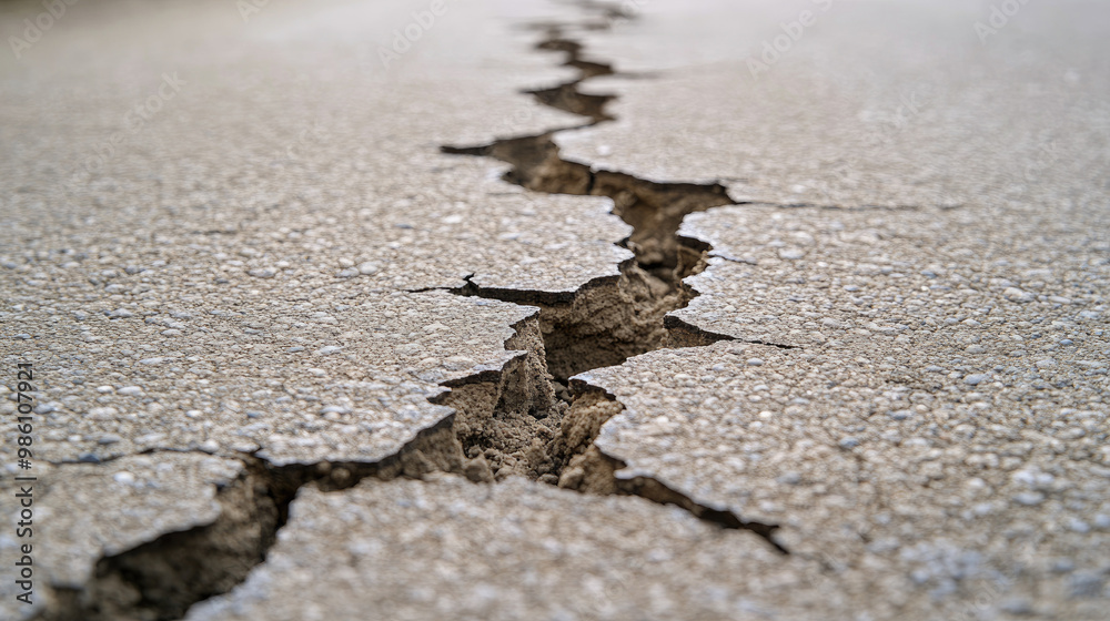 A close-up of a cracked and broken road after an earthquake, with deep fissures running across the pavement, symbolizing the earth's violent upheaval and the danger posed to infrastructure. A close-up of a cracked and broken road after an earthquake, with deep fissures running across the pavement, symbolizing the earth's violent upheaval and the danger posed to infrastructure.
