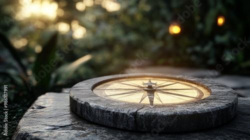 A close-up view of a vintage compass resting on a stone surface, surrounded by lush vegetation and warm, ambient light. photo