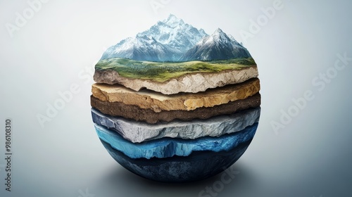 Fototapeta Naklejka Na Ścianę i Meble -  A stunning illustration of Earth's layers with mountains, vegetation, and water, showcasing the planet's diverse geology.