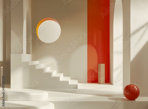 Fototapeta Naklejka Na Ścianę i Meble -  Minimalist White and Red 3D Room With Arch