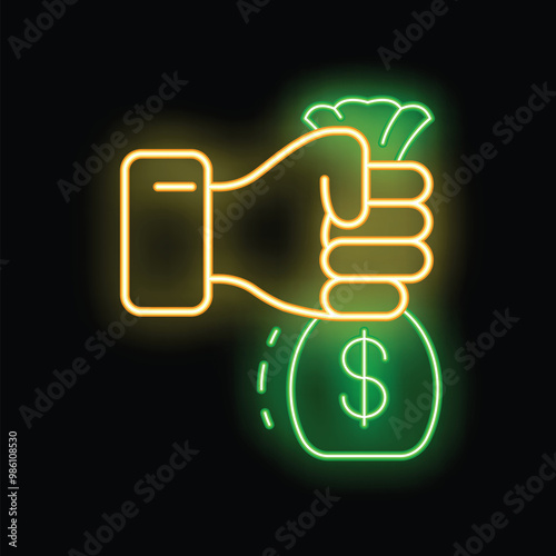 Glowing neon sign of a businessman hand firmly holding a bag of money on a black background