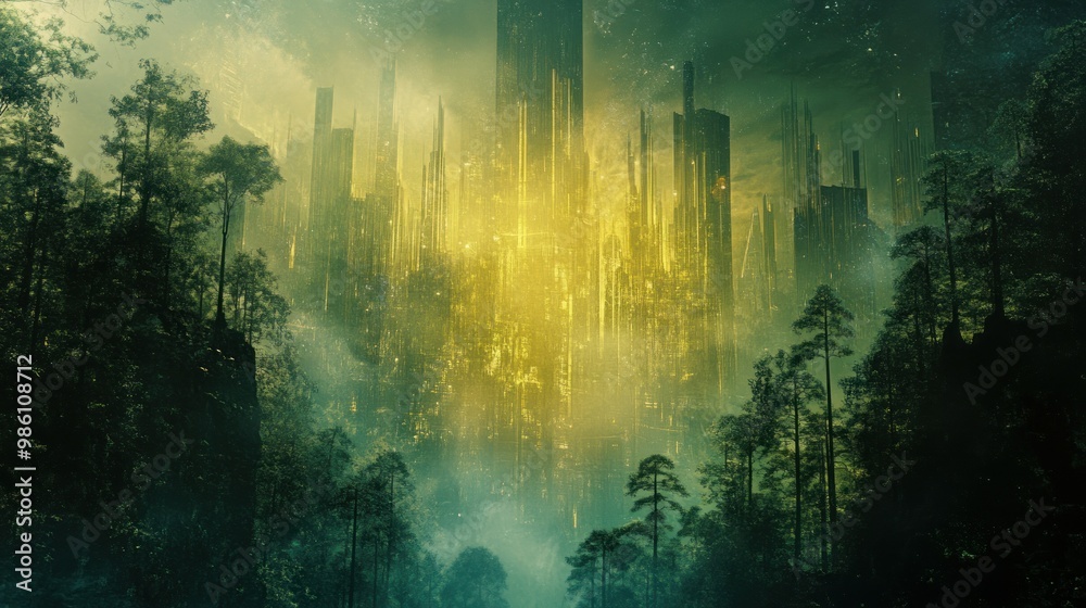 Obraz premium A mystical cityscape shrouded in mist and illuminated by ethereal light.