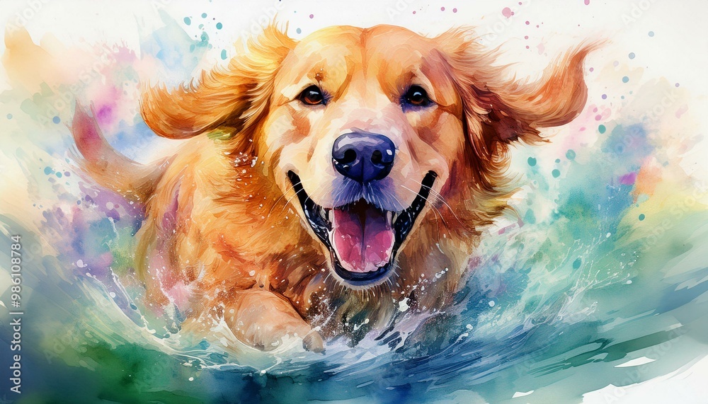 Vibrant watercolor illustration of a joyful Golden Retriever splashing through water, capturing the playful and energetic spirit of the dog. Vibrant watercolor illustration of a joyful Golden Retriever splashing through water, capturing the playful and energetic spirit of the dog.